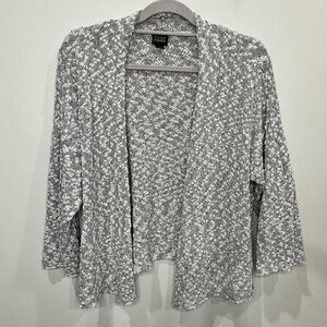 Eileen Fisher 3/4 Sleeve Open Front Cardigan Women’s Sz L Gray White Silk Blend